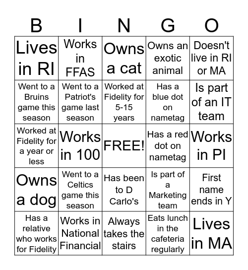 Meet Fidelity 4 Lunch Bingo Card