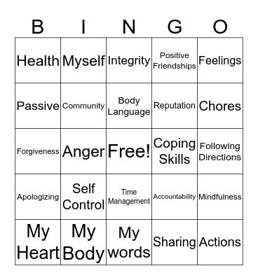 RESPONSIBILITY Bingo Card