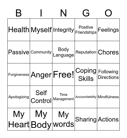 RESPONSIBILITY Bingo Card