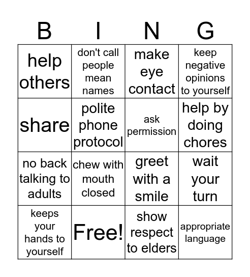 Manners Refresher Bingo Card