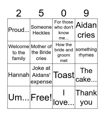 Wedding Speech Bingo Card