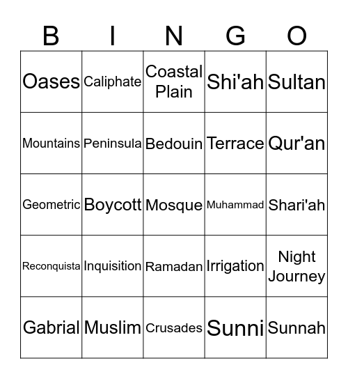 Rise of Islam Bingo Card