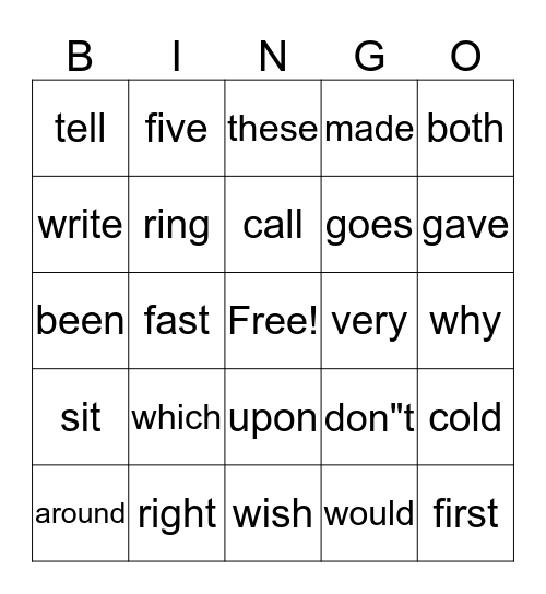 vocabulary bingo Card