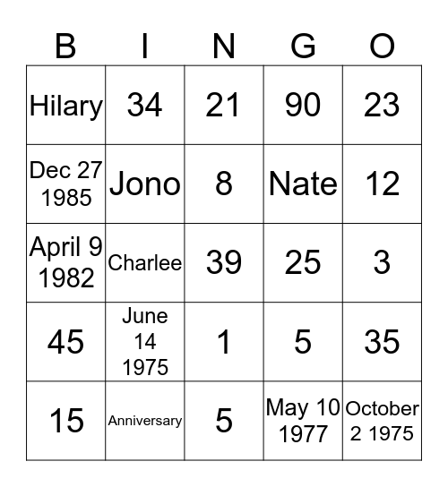 Happy Anniversary Bingo Card
