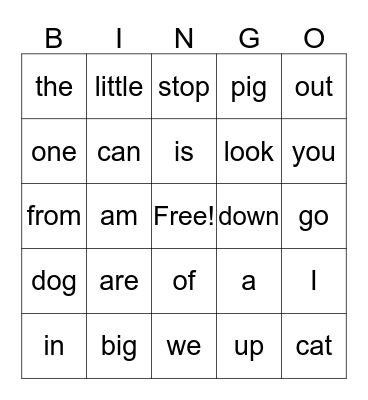 Kindergarten Sight Words Bingo Card