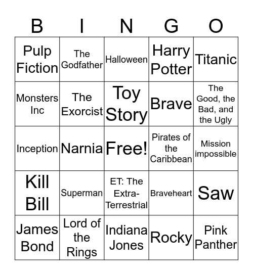 Movie Themes Bingo Card