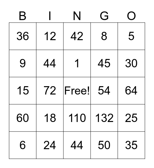 Multiplication Bingo Card