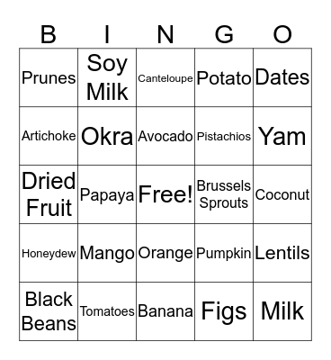 High Potassium Foods Bingo Card