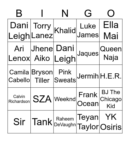 Round 1 (Current 2020 R&B) Bingo Card