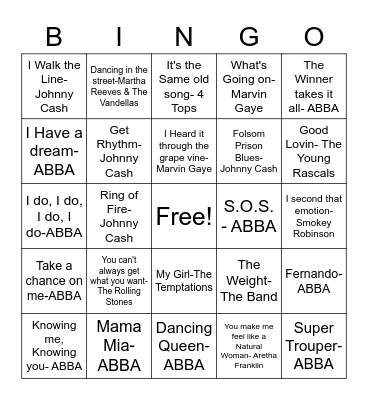 DD15 Sound tracks: Big Chill, Mama Mia, Walk the Line Bingo Card