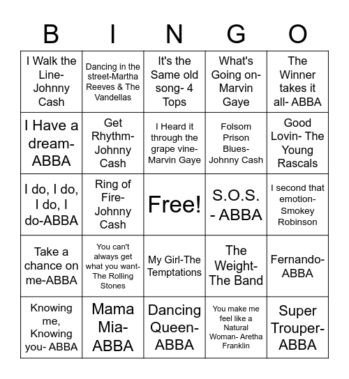 DD15 Sound tracks: Big Chill, Mama Mia, Walk the Line Bingo Card