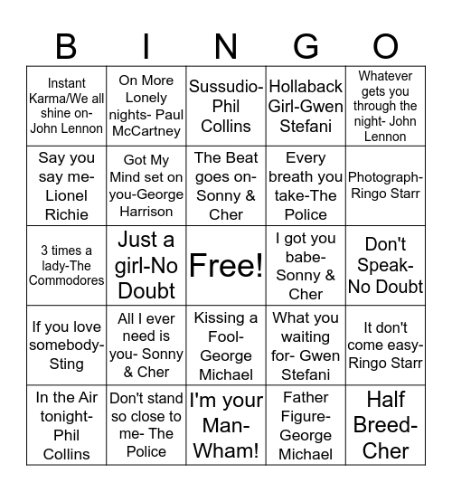 DD16 Singles & Doubles Bingo Card