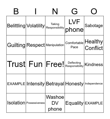 Healthy Relationships Bingo Card