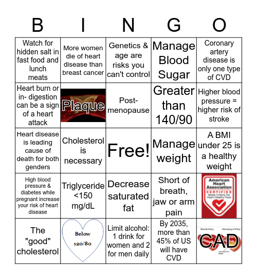 A Healthy Heart Bingo Card