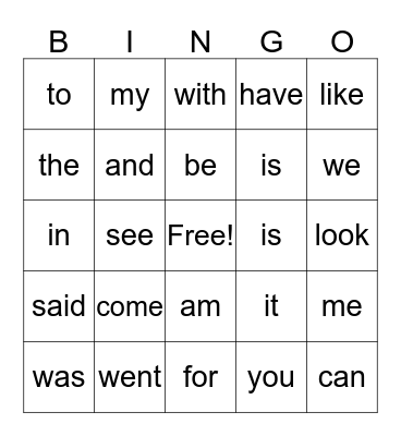 Sight Words Bingo Card