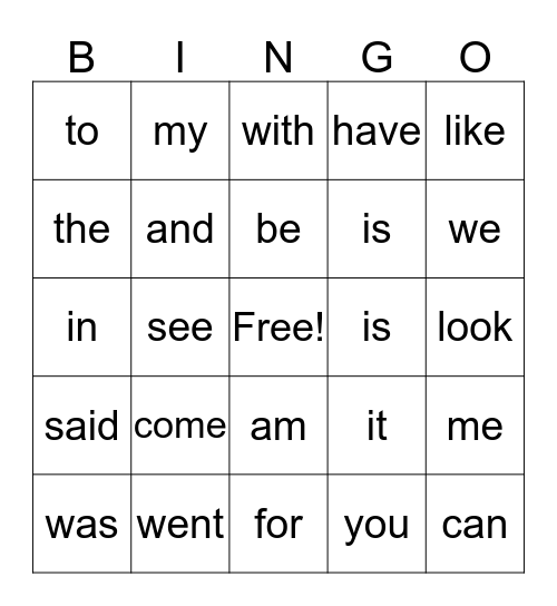 Sight Words Bingo Card