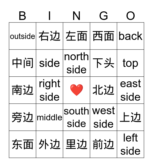 Directions and Locations Bingo Card