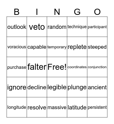 Vocabulary Bingo -- Jamie (February) Bingo Card