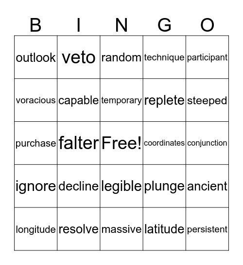 Vocabulary Bingo -- Jamie (February) Bingo Card