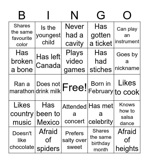 Getting To Know You  Bingo Card