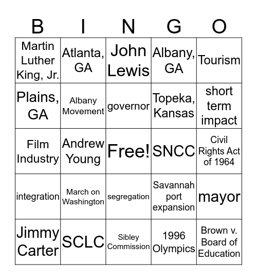 Civil Rights/Modern Georgia Bingo Card