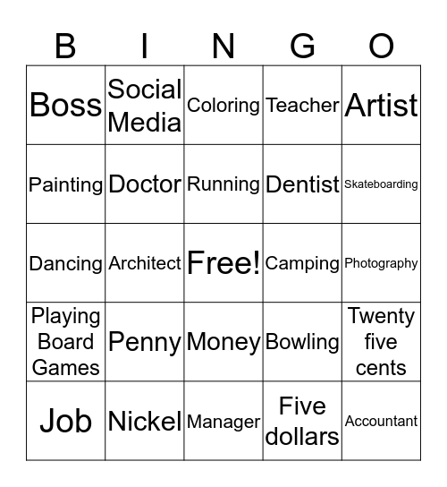 Money, Careers, & Hobbies ASL Review Bingo Card