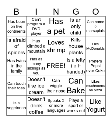 Orientation Bingo Card