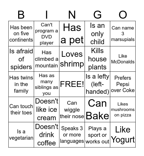 Orientation Bingo Card