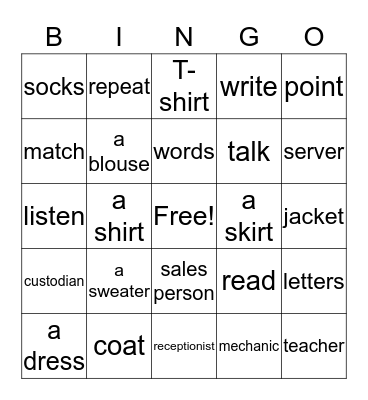 Clothes, Jobs, Directions Bingo Card