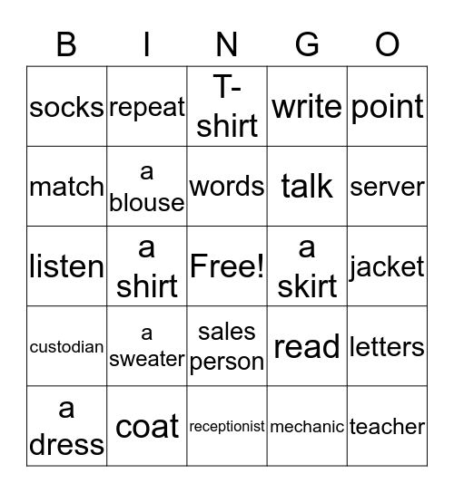 Clothes, Jobs, Directions Bingo Card