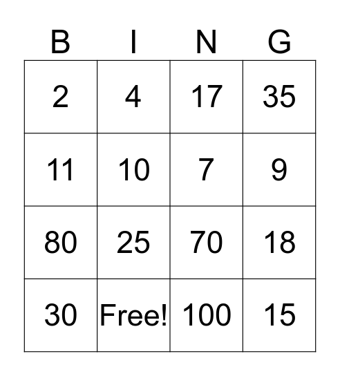 Numbers Bingo Card