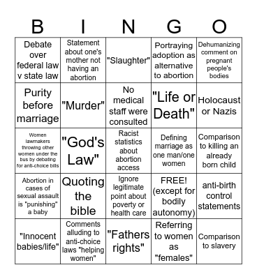 Anti-Choice Debate Bingo Card