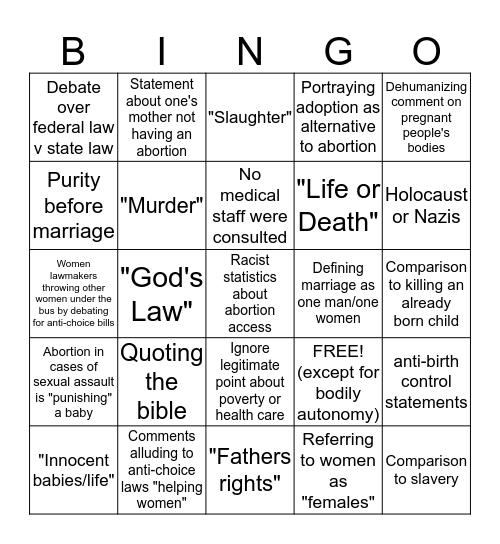 Anti-Choice Debate Bingo Card