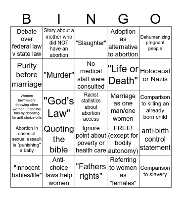 Anti-Choice Debate Bingo Card