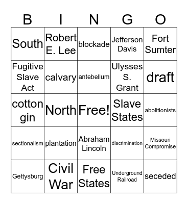 Civil War Bingo Card