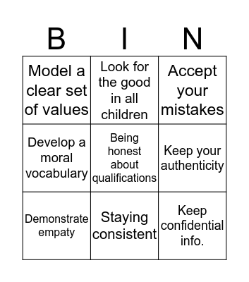 Integrity  Bingo Card