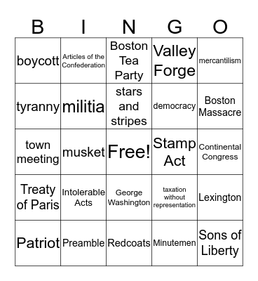 Revolutionary War Bingo Card