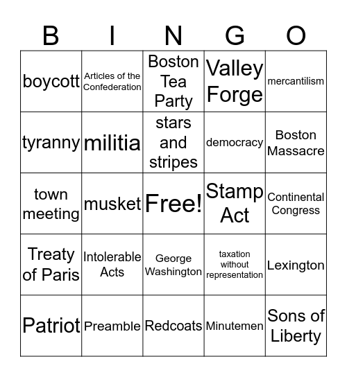 Revolutionary War Bingo Card