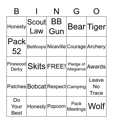 Cub Scout BINGO Card