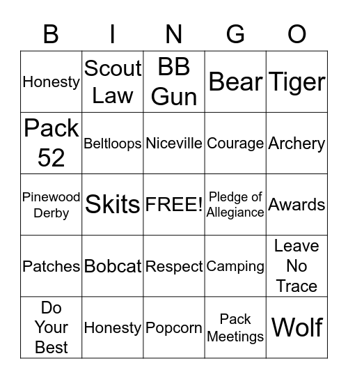 Cub Scout BINGO Card