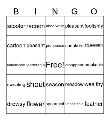 Wilson 9.5 and 9.6 Bingo Card