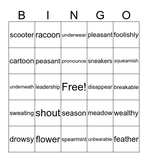 Wilson 9.5 and 9.6 Bingo Card