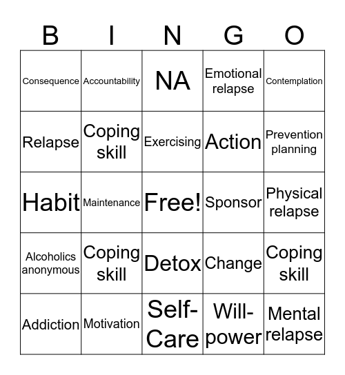 Recovery Skills Bingo Card