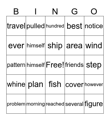 Sight Word Bingo Card