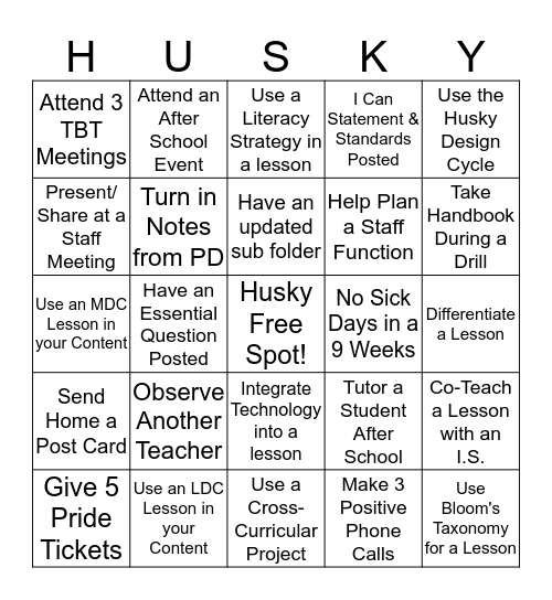 Staff-Husky Bingo Card Bingo Card