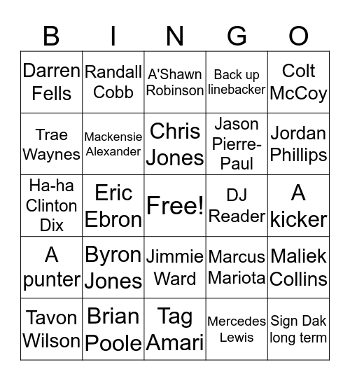 Free Agency Bingo Card