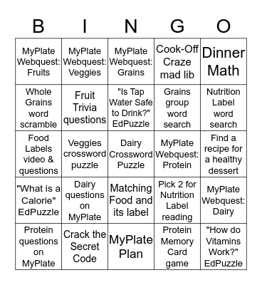Nutrition Bingo! Bingo Card