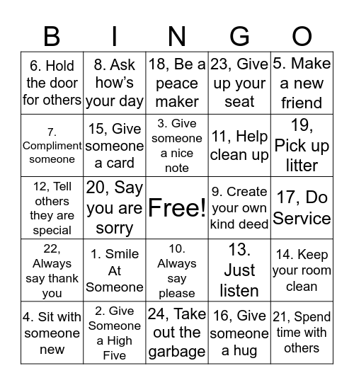 Be Kind Bingo Card