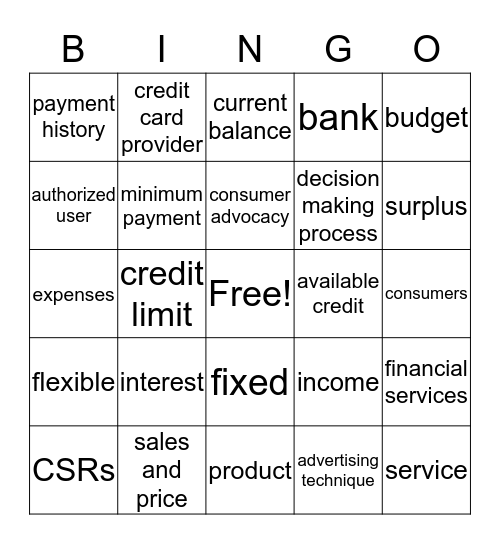 Consumer Services Bingo Card