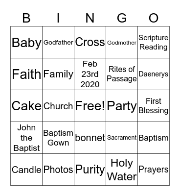 Baptism Bingo Card
